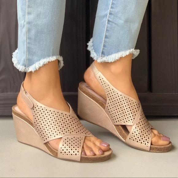 Gold Criss Cross Leather Straps Cork Wedge Sandal - Picture 4 of 7